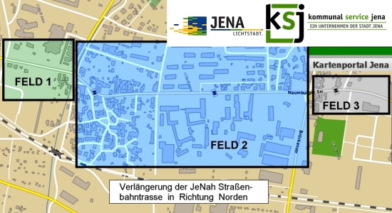 Beitragsrechtliche Bereiche der Strassenbahnverlaengerung Nord - Grafík © Stadt Jena KSJ