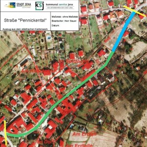 Straße Pennickental - Innenbereich gruen - Aussenbereich blau - Abbildung © Kartenwerk der Stadt Jena - Grafik © KSJ