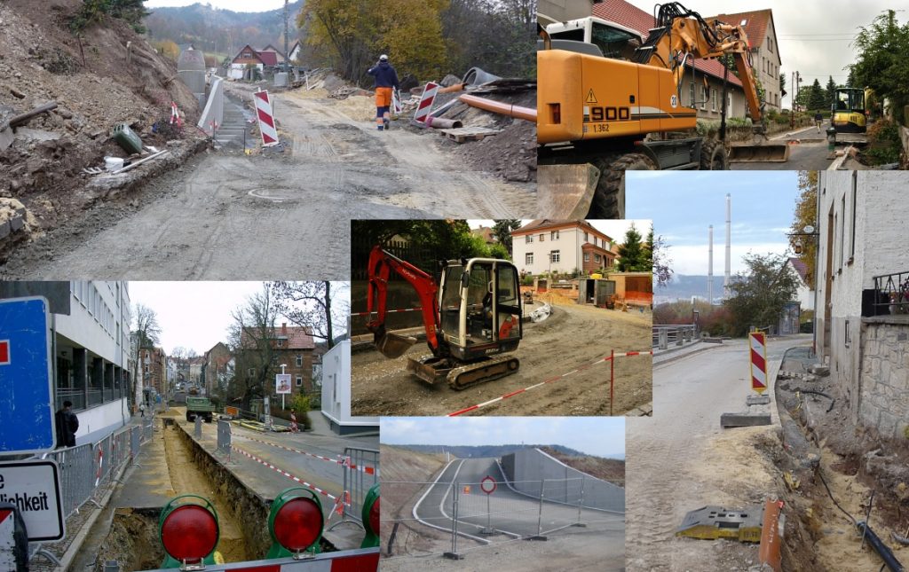 Eine Bildcollage bestehend aus 6 Bildern, auf denen verschiedene Baustellen (Straßenbau) zu sehen sind.