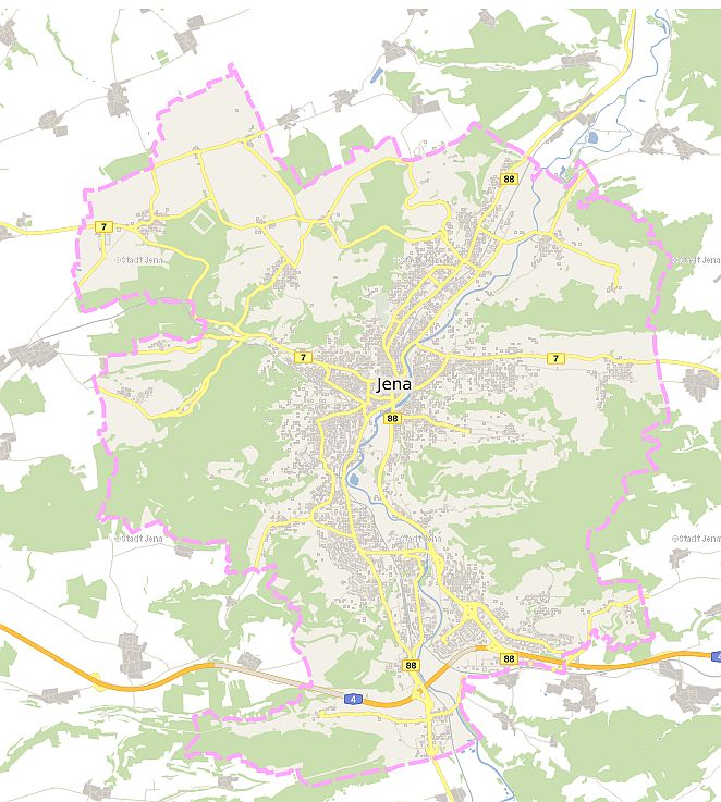 Eine Karte der Stadt Jena. Zu sehen sind die Grenzen der Stadt und besonders alle größeren Straßen, die durch die Stadt führen (B 7, B 88, A 4).
