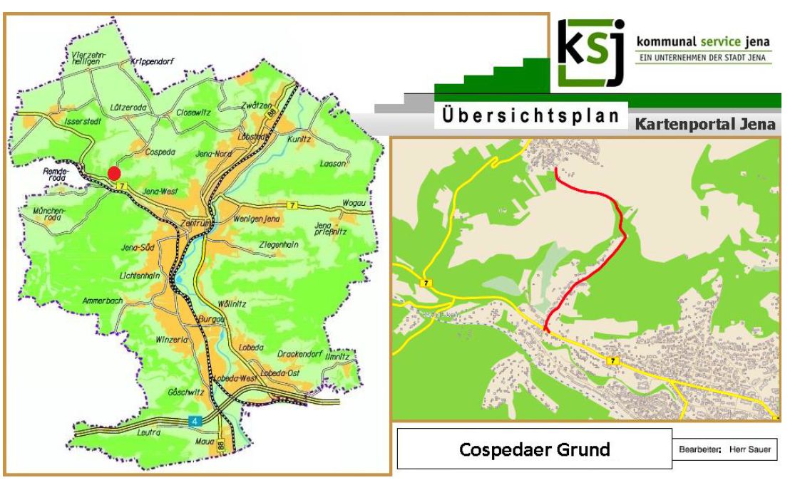 Eine Gesamtkarte der Stadt Jena auf der mit einem roten Kreis der Ort der Baumaßnahme Cospedaer Grund markiert ist, daneben eine detaillierte Karte auf der der Cospedaer Grund eingezeichnet ist.