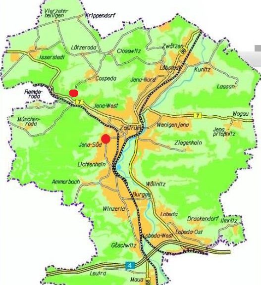 Karte der Stadt Jena auf der die beiden Orte der beabsichtigten Baumaßnahmen mit einem roten Kreis gekennzeichnet sind