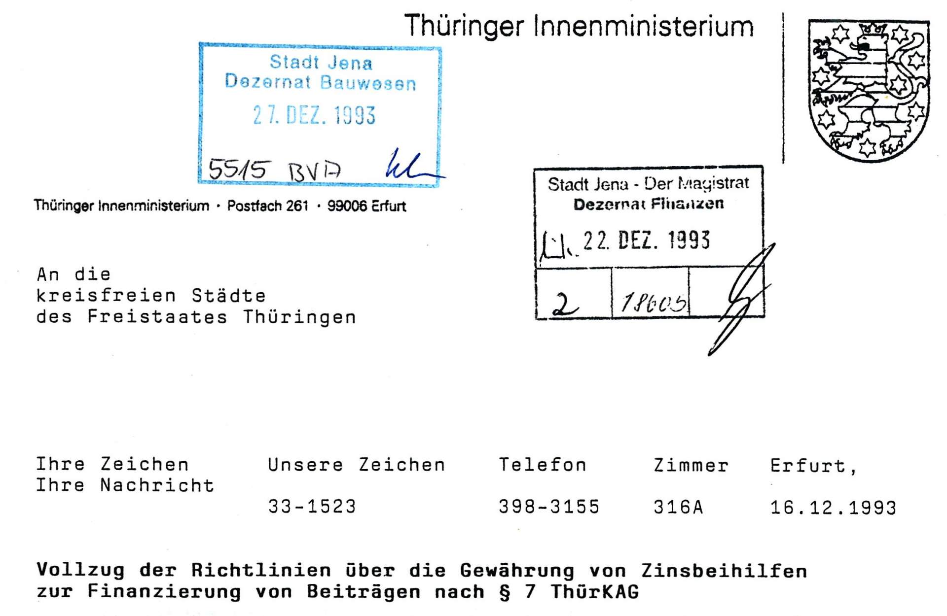 Anschreiben des Thüringer Innenministeriums vom Dezember 1993 zum Vollzug der Zinsbeihilfen. - Teaser © KSJ